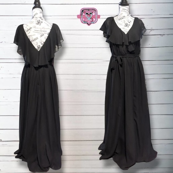 Jj's House Elegant Black Chiffon Flutter Sleeve Maxi Gown, Large - Picture 2 of 9